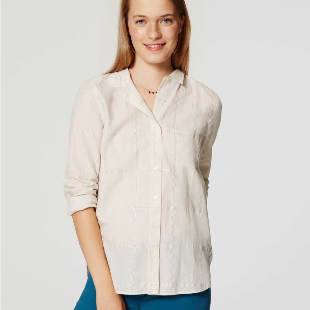 LOFT Shimmer Plaid Softened Button Down Large